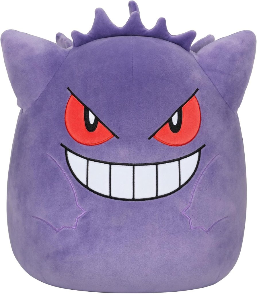 Plush toy of a purple ghost character with red eyes and a large grin, featuring pointed ears and spiky hair.