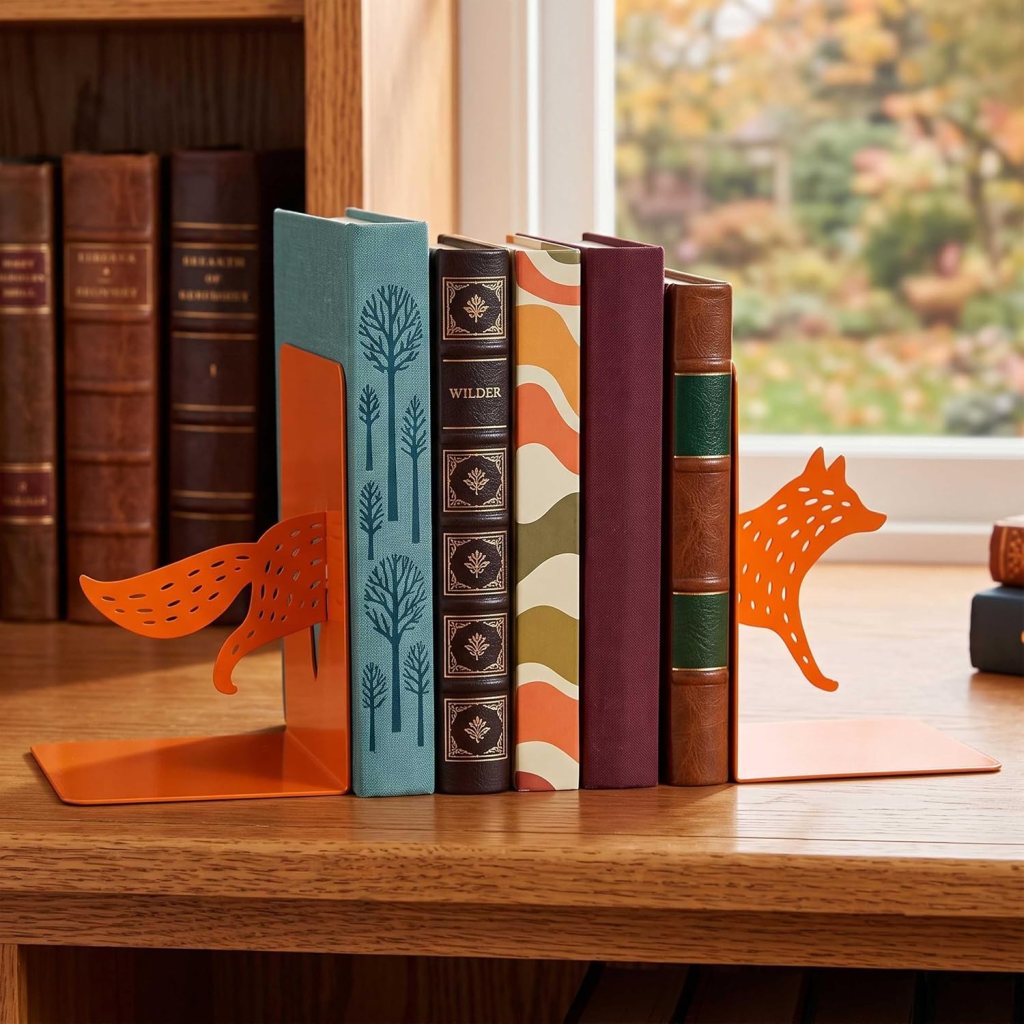 A set of colorful books standing on a wooden shelf, flanked by an orange fox-shaped bookend on each side.