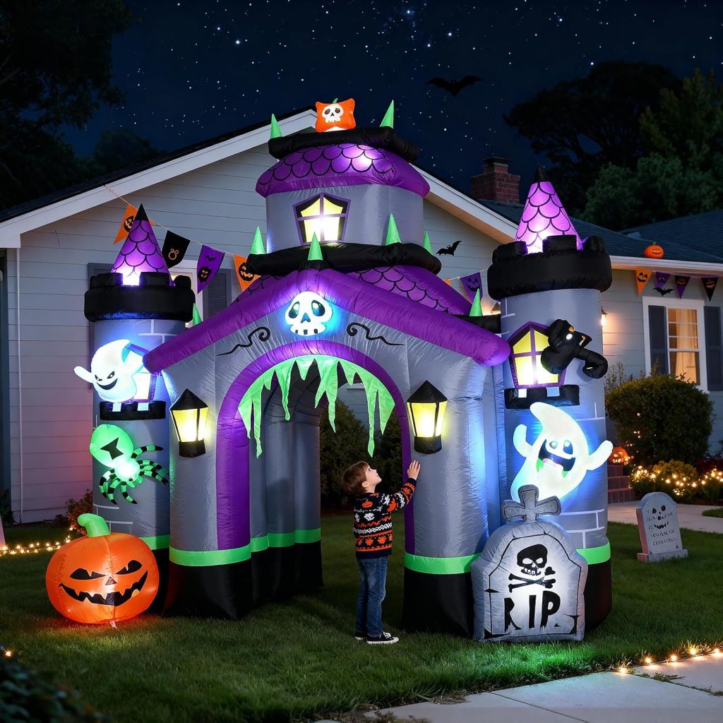 A child interacts with a large inflatable Halloween castle decorated with ghosts, spiders, and spooky elements in a nighttime setting.