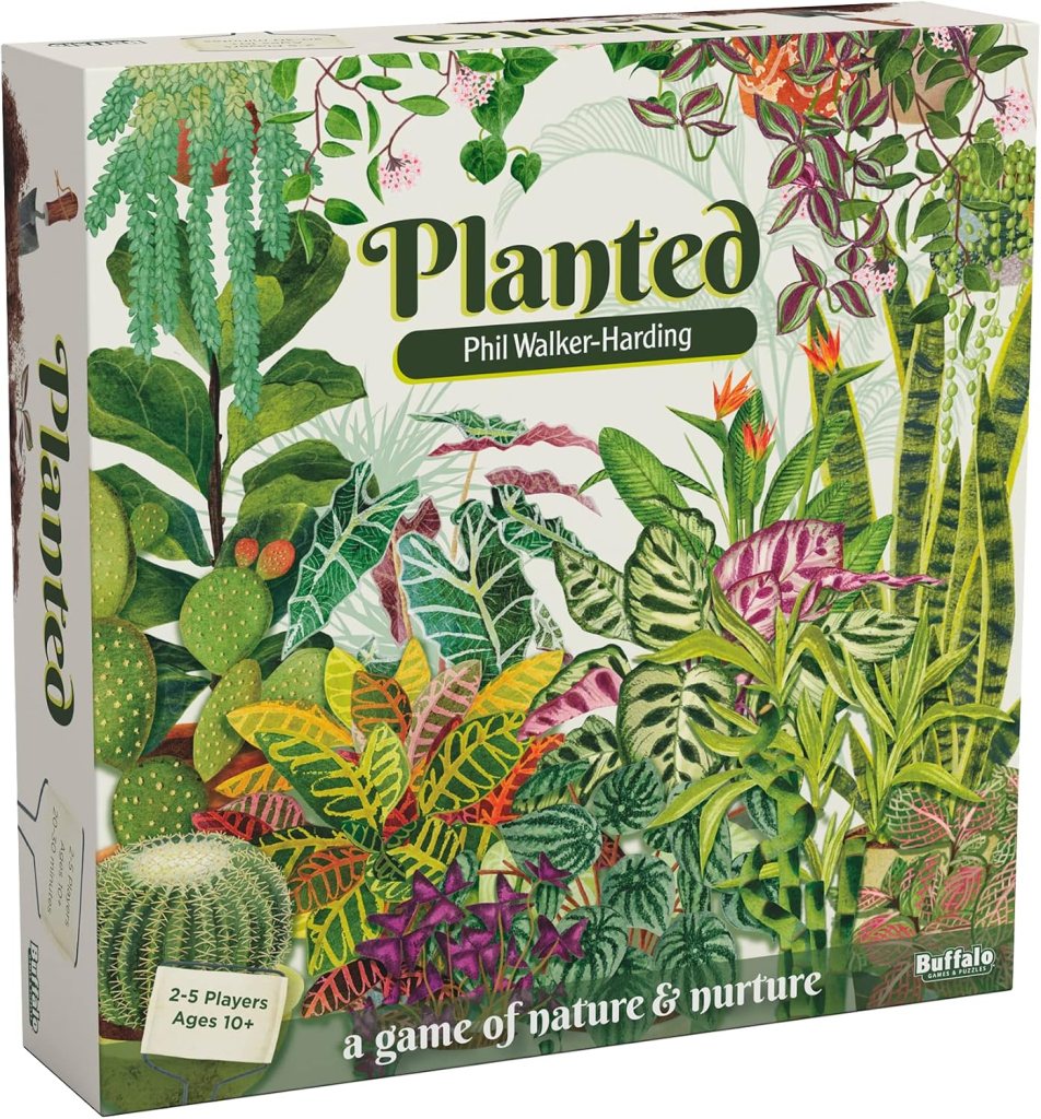 The box cover of the board game 'Planted' featuring a vibrant illustration of various plants and foliage, showcasing an inviting nature theme. The title and game details are prominently displayed.
