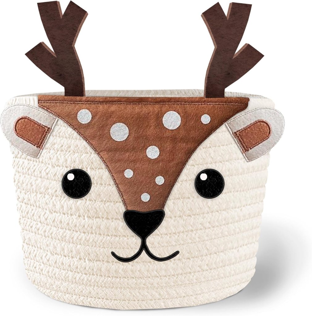 A cute storage basket designed to resemble a deer, featuring antlers, a brown and white face with ears, and black eyes.