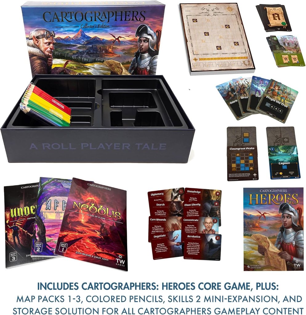 A display of the Cartographers: Collector's Edition board game box with various components, including map packs, colored pencils, expansion cards, and a storage solution.