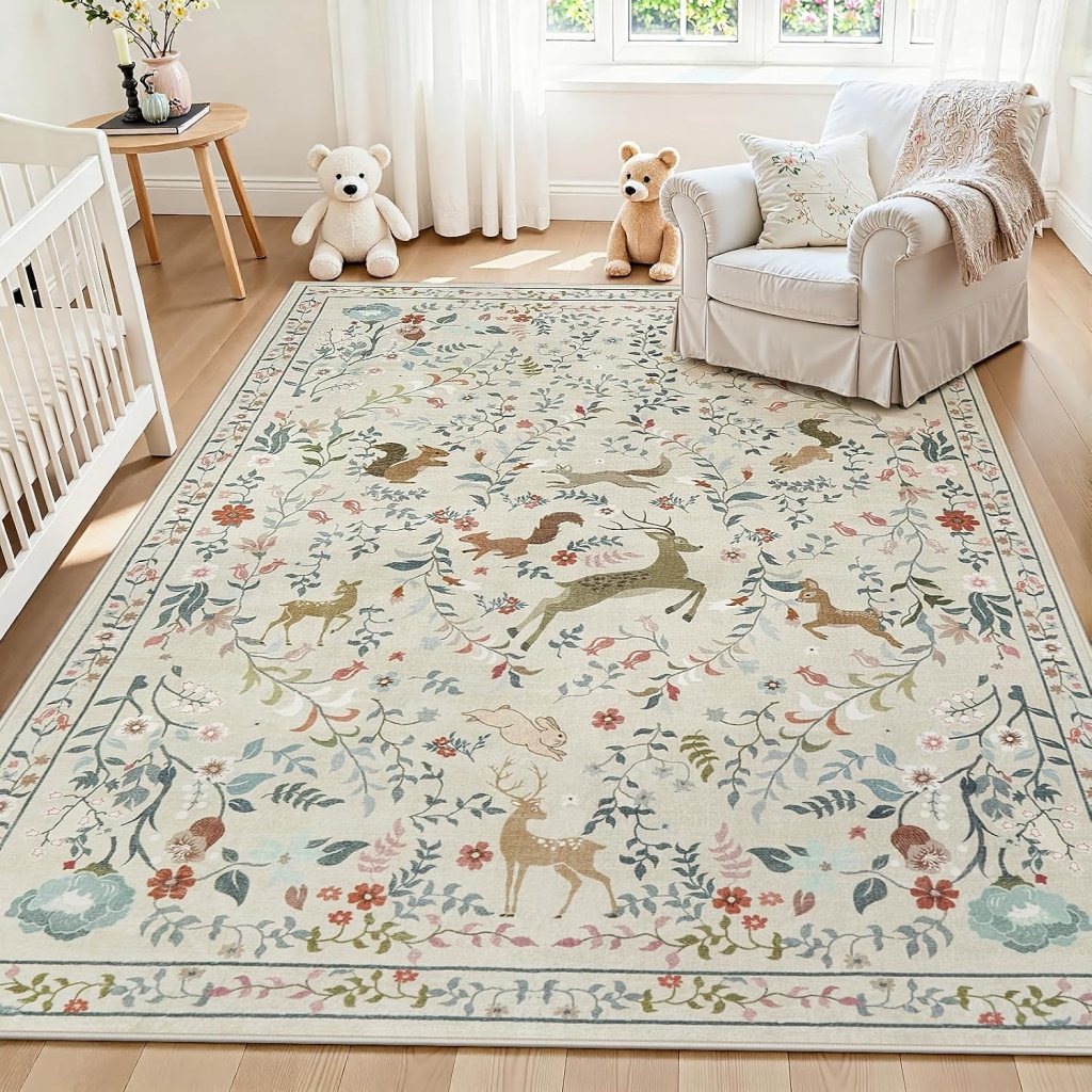 A cozy nursery featuring a patterned rug with floral and animal designs, including deer and rabbits, next to a comfortable white armchair and a crib.