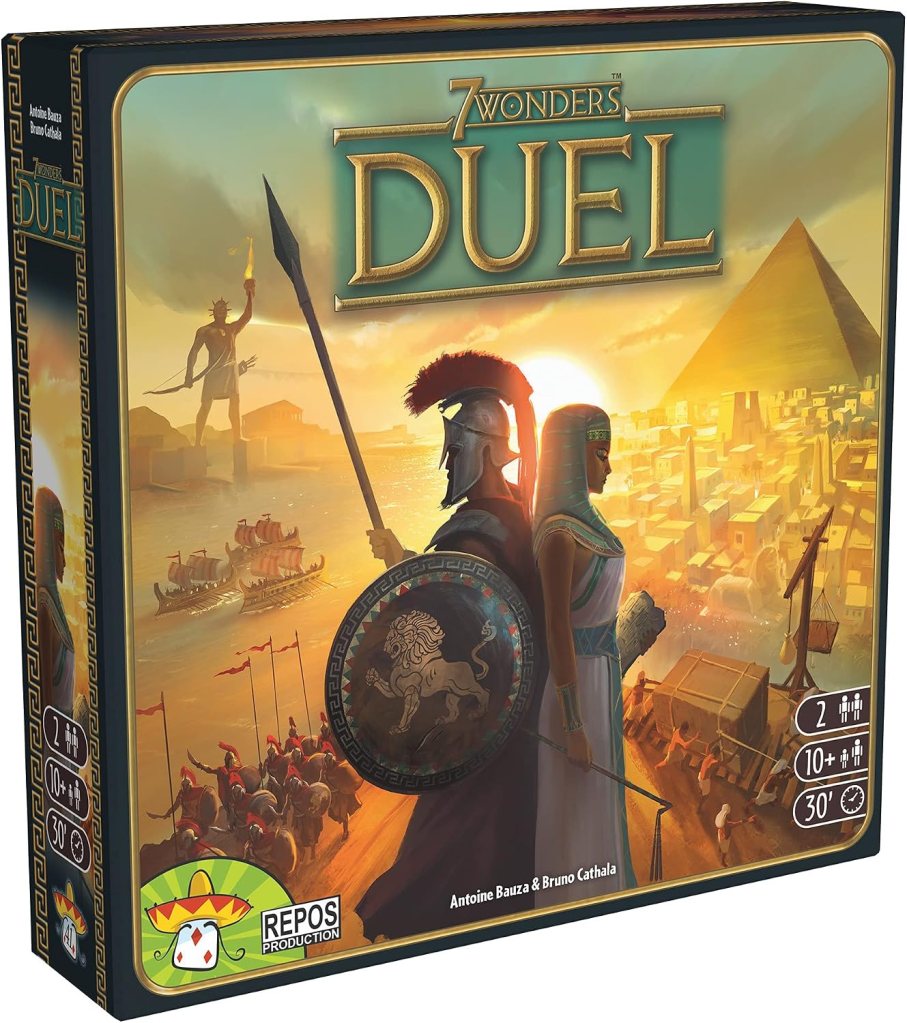 Box art for the board game '7 Wonders: Duel' featuring ancient warriors, a pyramid, and a vibrant sunset. Displays game details and publisher information.