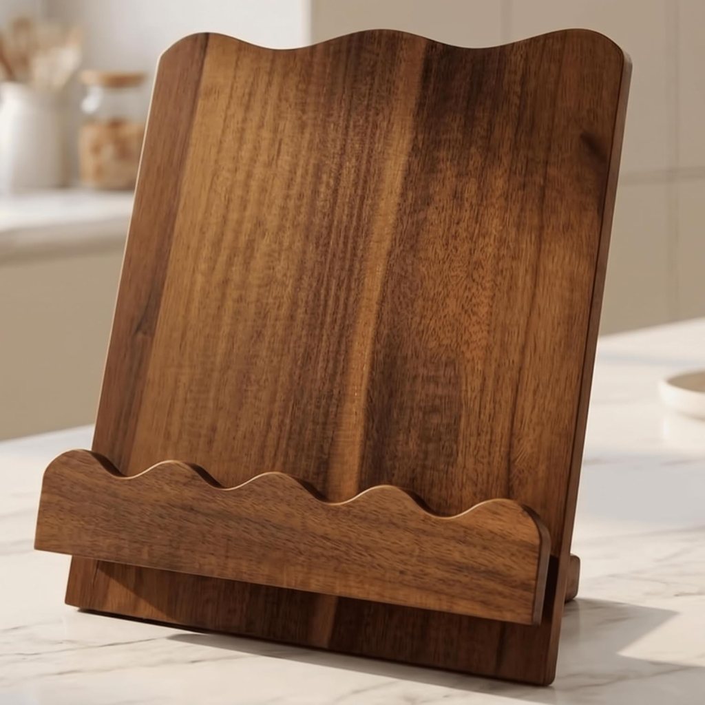 A wooden cookbook stand with a scalloped edge and a slanted back, placed on a kitchen countertop.
