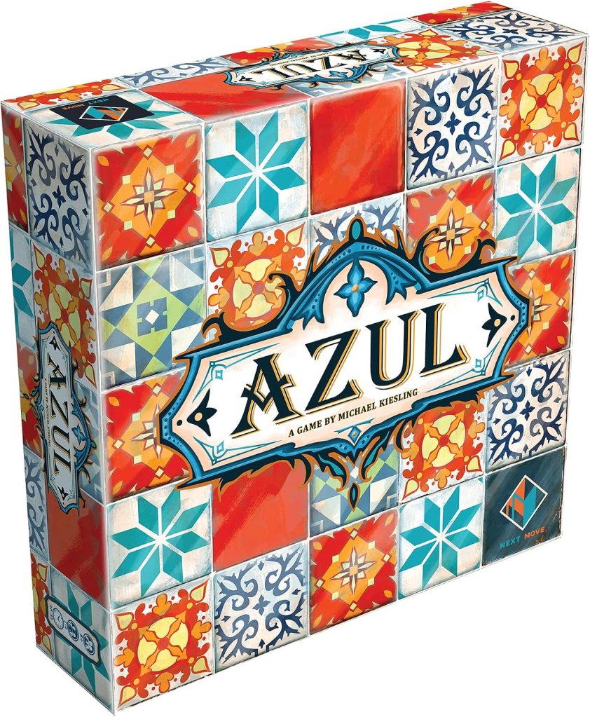 Box cover of the board game 'Azul' featuring colorful geometric tile designs and the title prominently displayed.