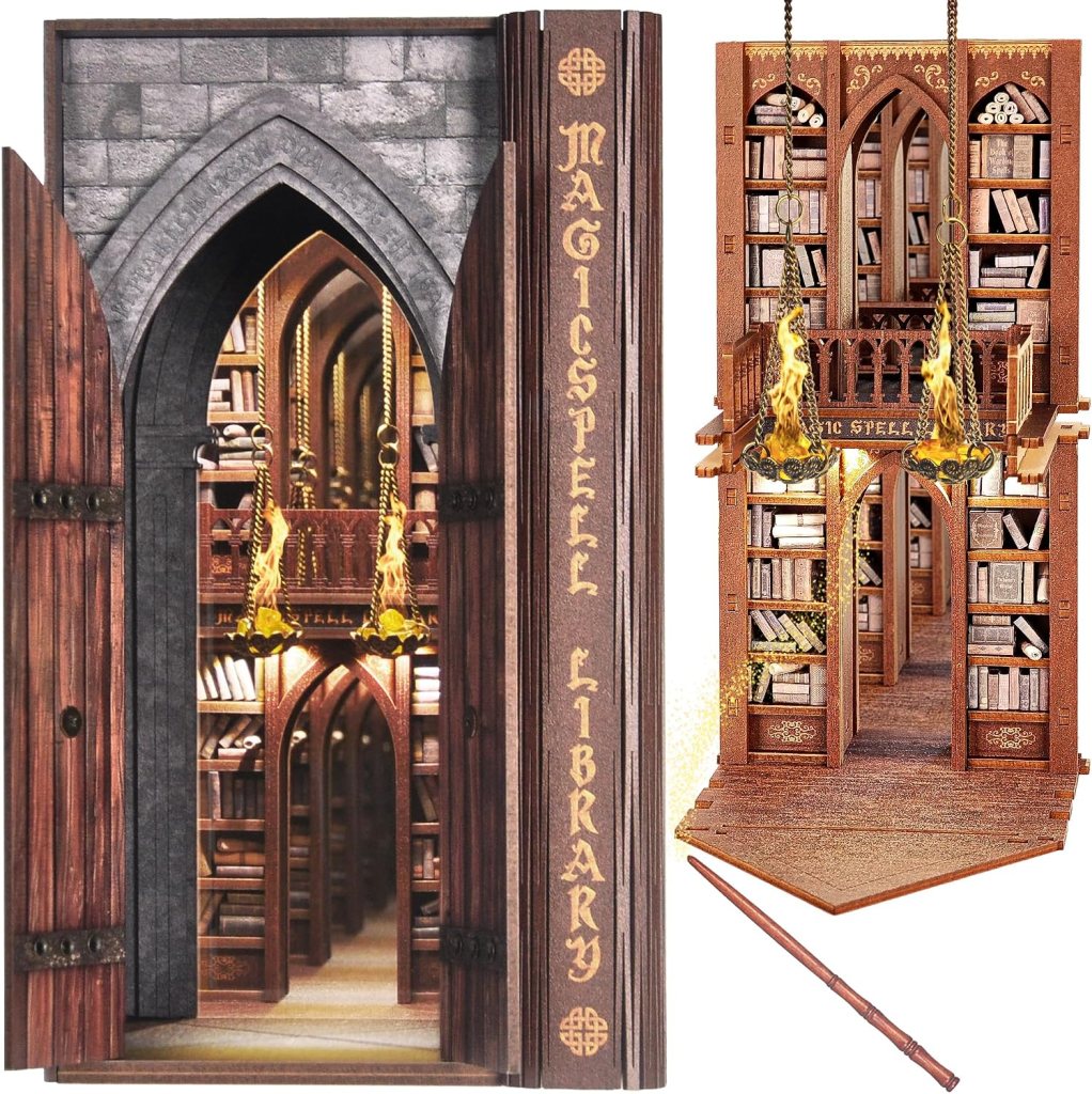 A miniature depiction of the 'Magicspell Library' with open doors revealing rows of bookshelves, intricate architectural design, and magical elements like hanging lanterns and a wand.
