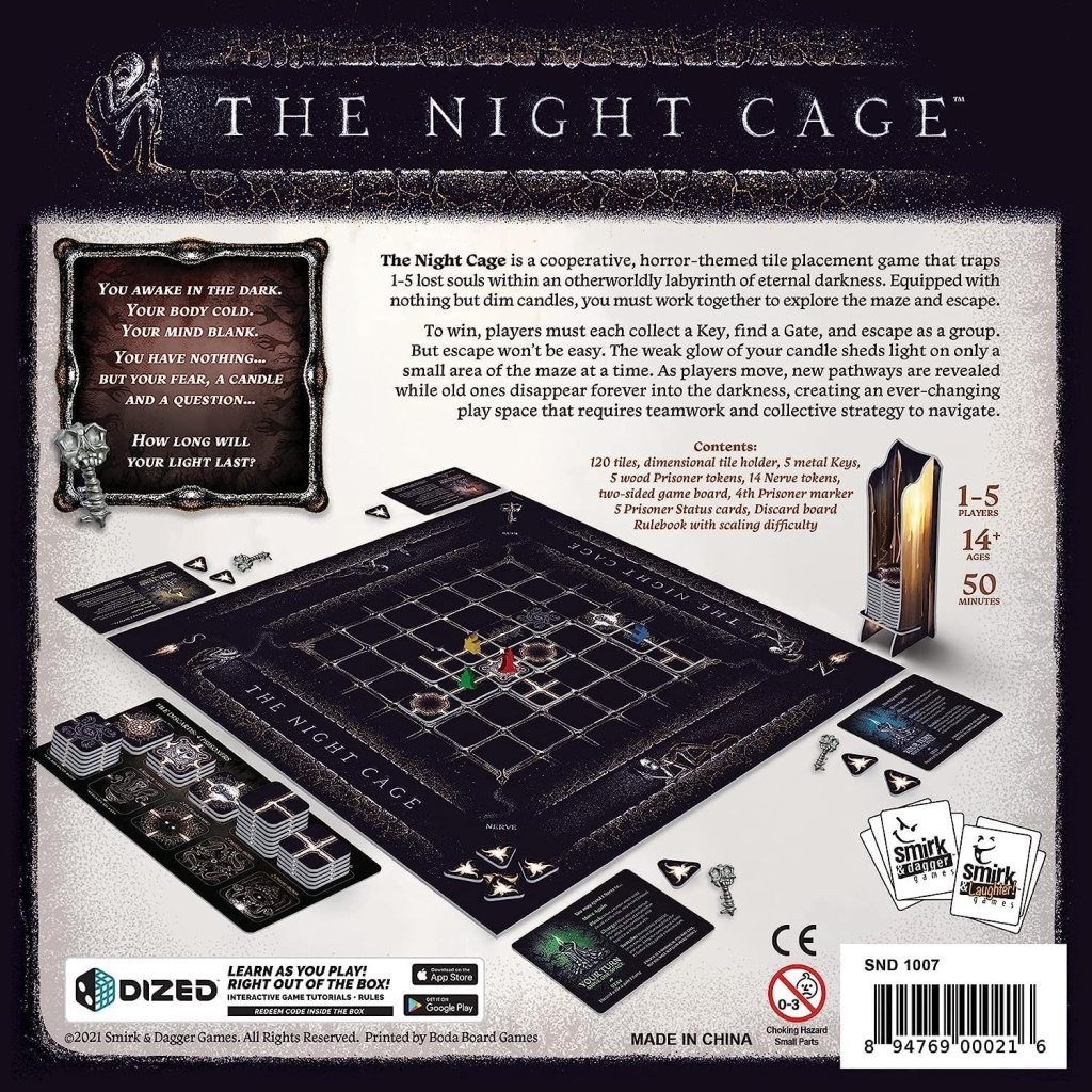 The Night Cage board game packaging featuring game components, a description of gameplay, and details about its cooperative, horror-themed tile placement mechanics.
