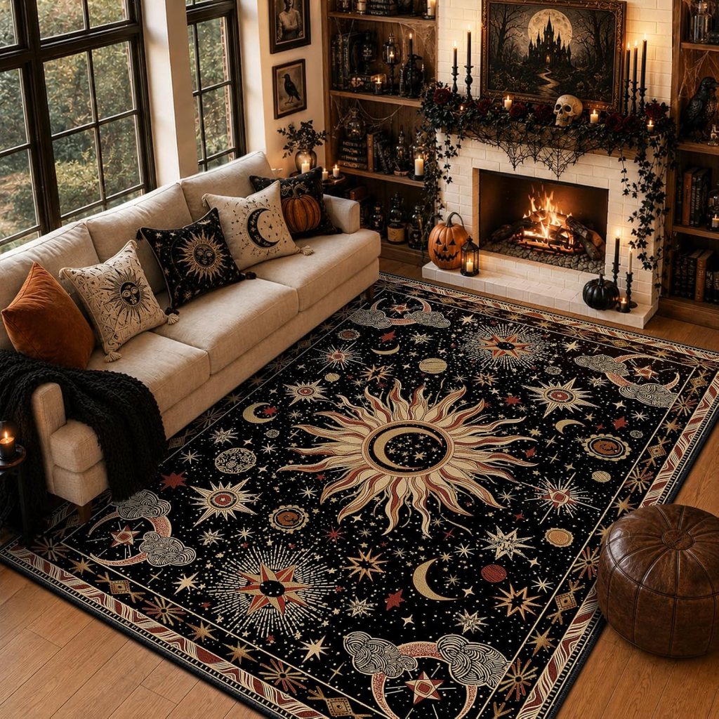 Cozy living room with a celestial-themed area rug featuring a large sun design, surrounded by stars and moons. A beige sofa with decorative pillows and pumpkins adorns the space, with a fireplace decorated with candles and greenery in the background.
