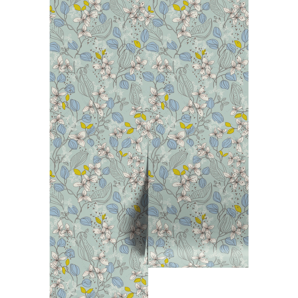 Floral pattern featuring light pink flowers, blue leaves, and yellow accents on a soft blue background.
