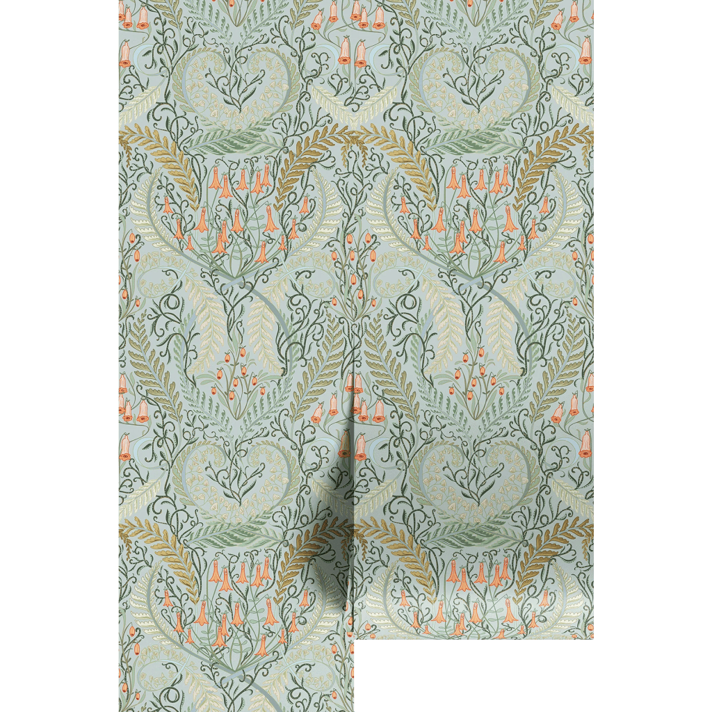 A decorative fabric design featuring intricate floral patterns in green, gold, and orange on a light blue background.