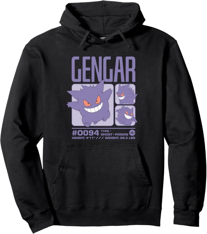 Black hoodie featuring Gengar, a Ghost-Poison type Pokémon, with its name, number #0094, and stats including height and weight.