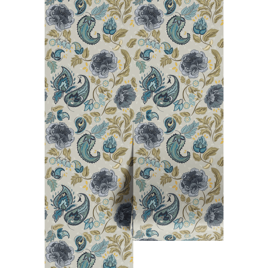 Floral and paisley patterned fabric featuring dark grey flowers, teal leaves, and a light beige background.