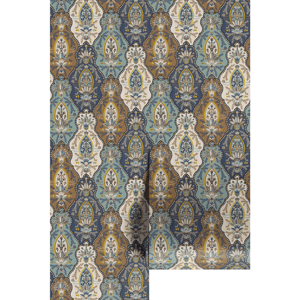 A detailed fabric pattern featuring intricate floral and paisley designs in shades of blue, gold, and cream.