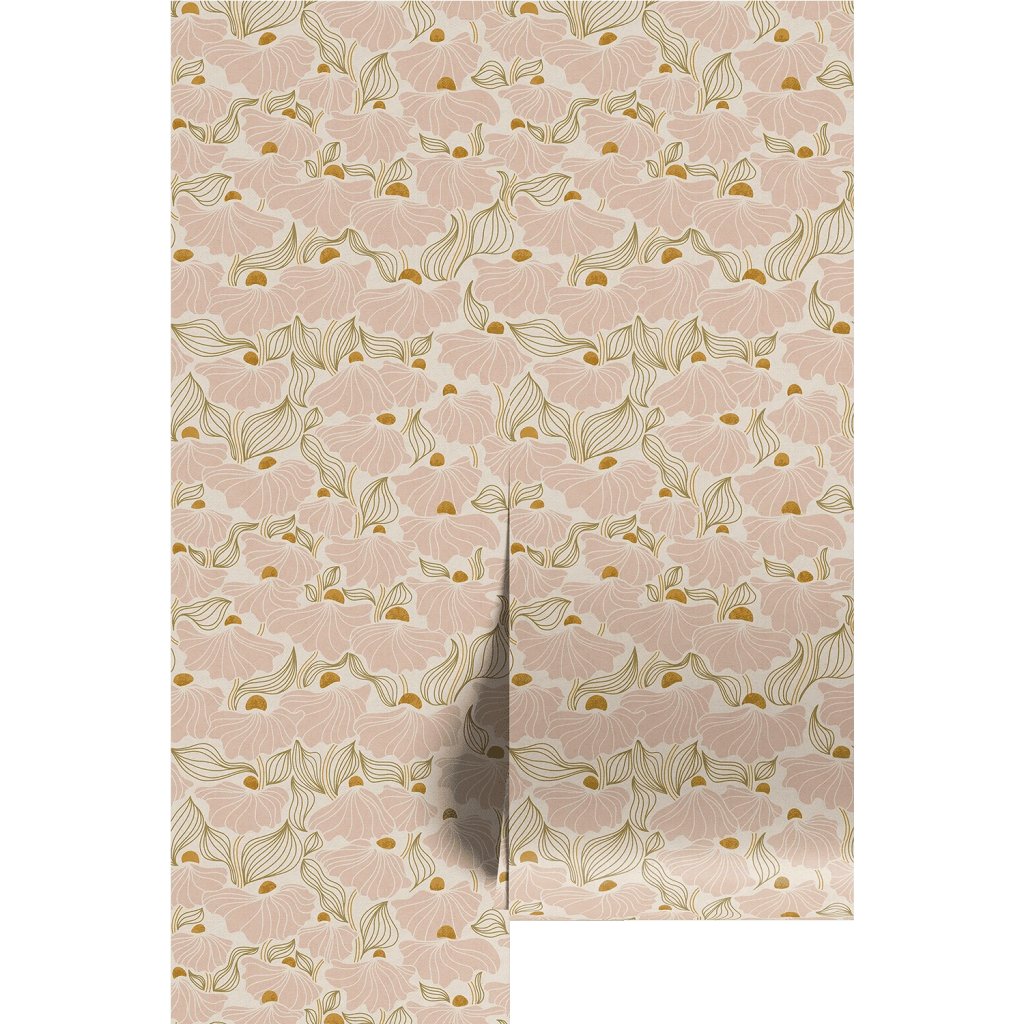 Patterned fabric design featuring soft pink flowers with green leaves and small golden accents.