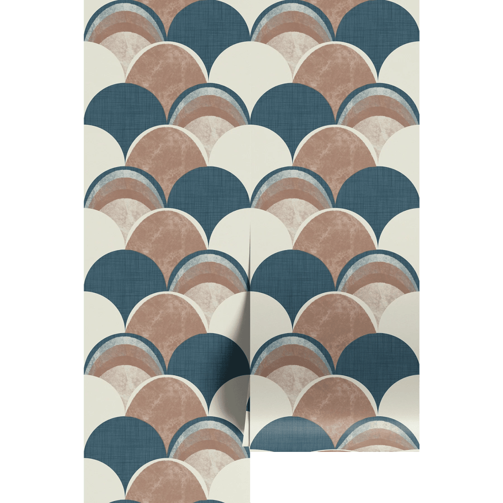 Patterned wallpaper featuring overlapping semicircles in shades of teal, beige, and white.