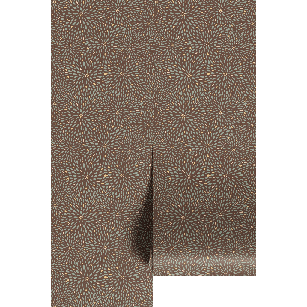 A close-up of a fabric pattern featuring a repetitive design of star-like shapes in earthy tones of brown, light blue, and subtle yellow.