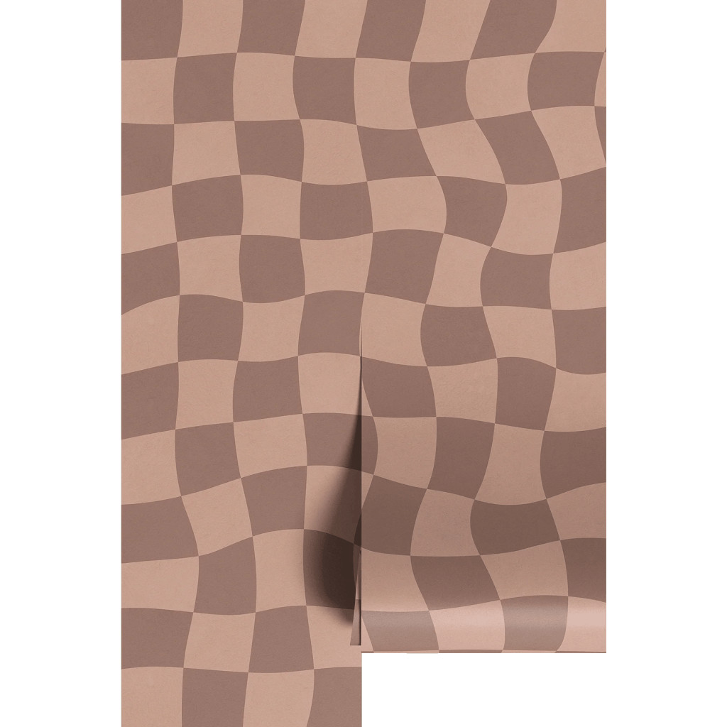 Close-up of a textured wallpaper featuring a wavy checkerboard pattern in shades of brown.