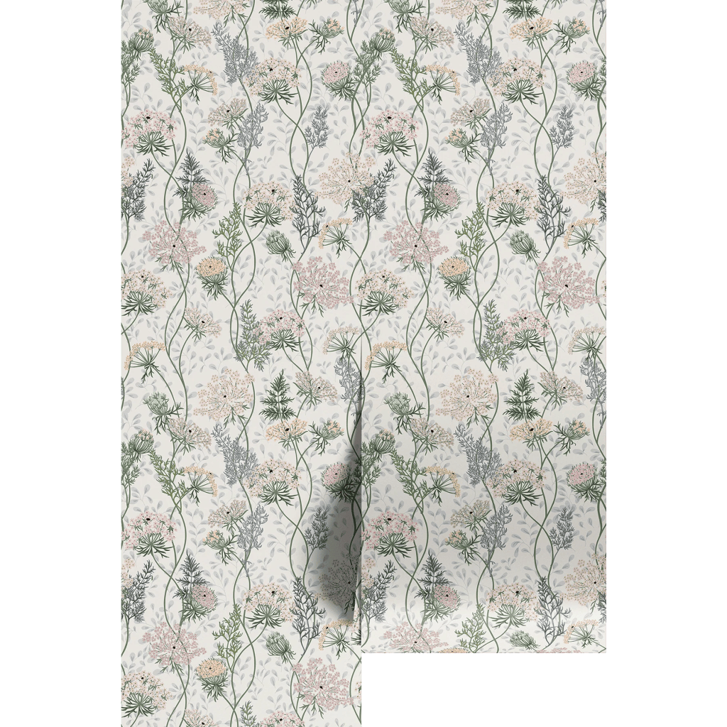 A light background featuring a delicate floral pattern with various flowers in soft pink, green, and gray tones, arranged in winding vines.
