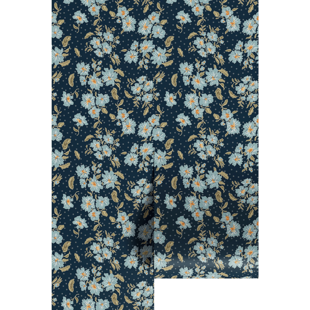 A floral fabric pattern featuring blue flowers with orange centers and beige leaves on a dark navy background.