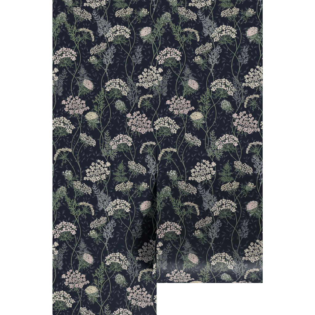 A intricate floral pattern featuring various flowers and greenery on a dark blue background.