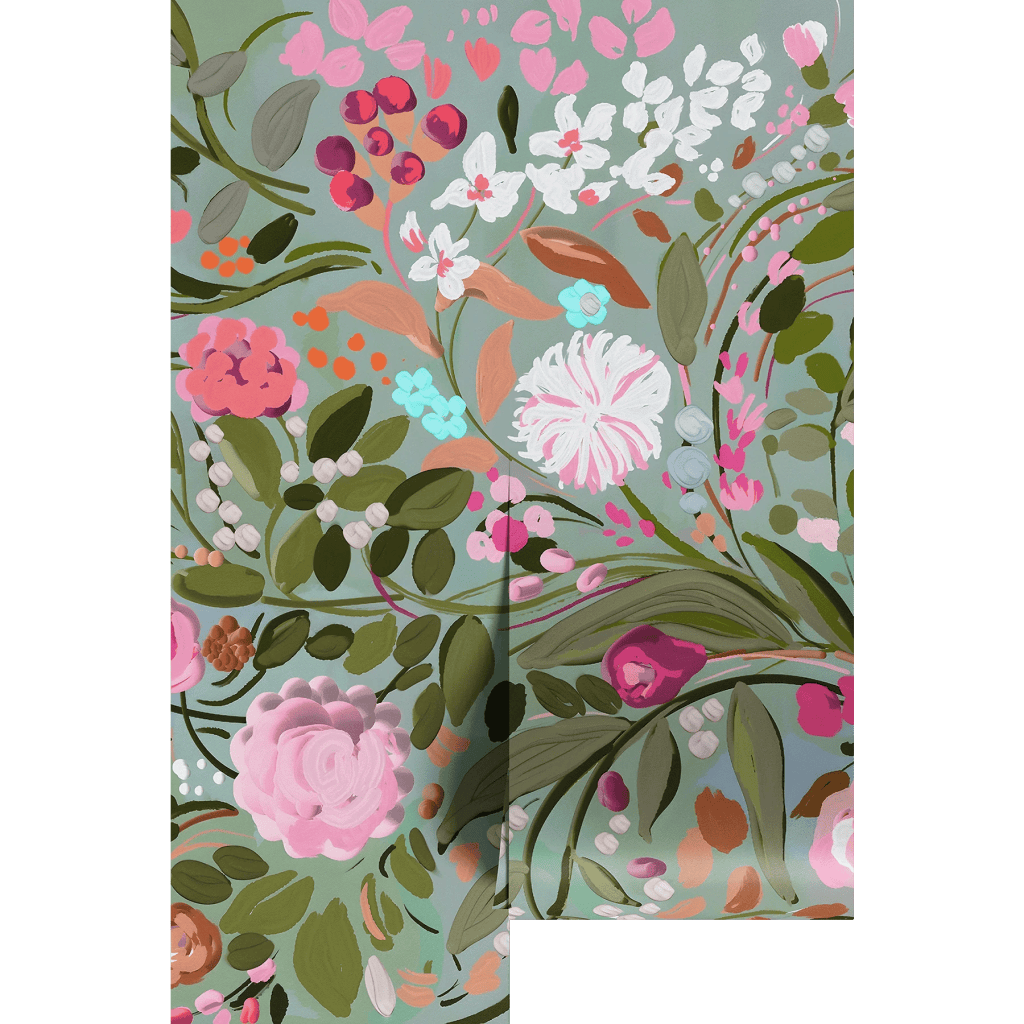 A vibrant floral pattern featuring various colorful flowers and green leaves on a soft teal background.