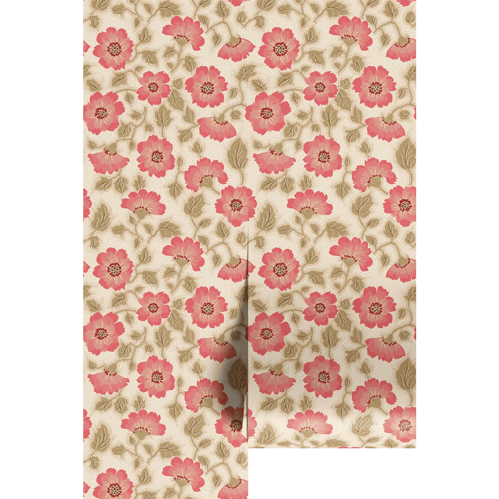 Pattern featuring pink flowers set against a beige background with leafy green details.