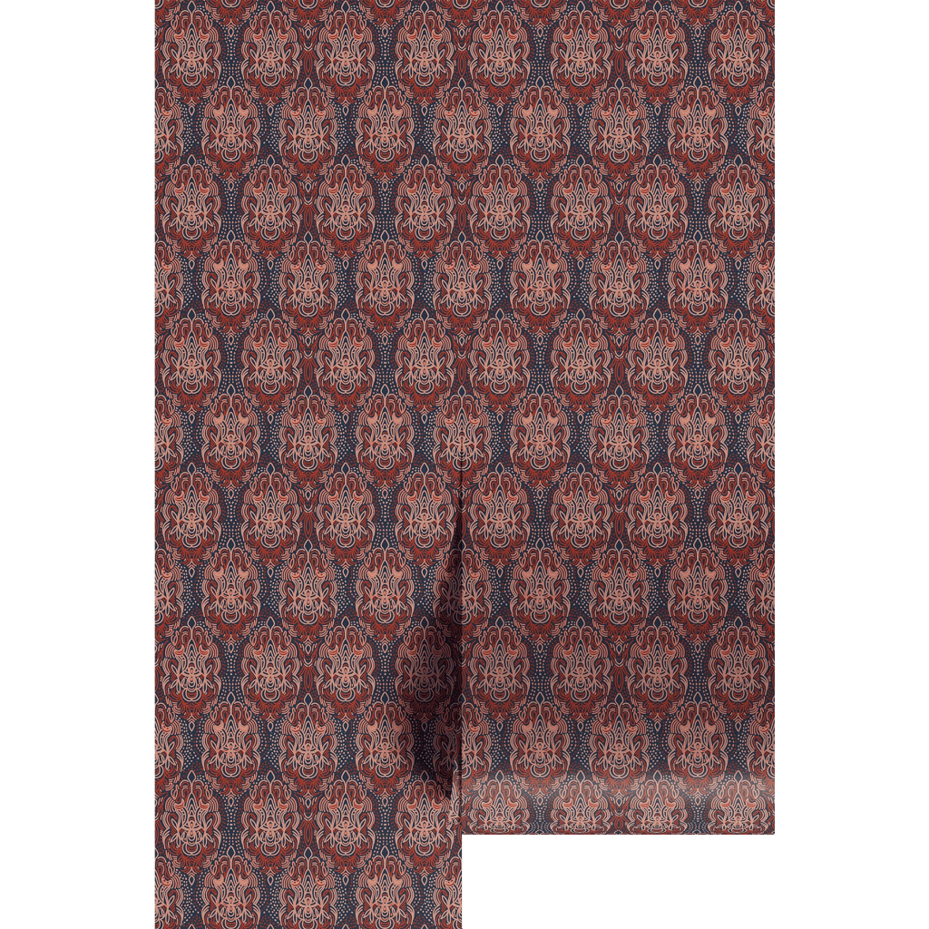 A decorative fabric pattern featuring intricate floral designs in red, navy, and cream colors, arranged in a repeating motif.