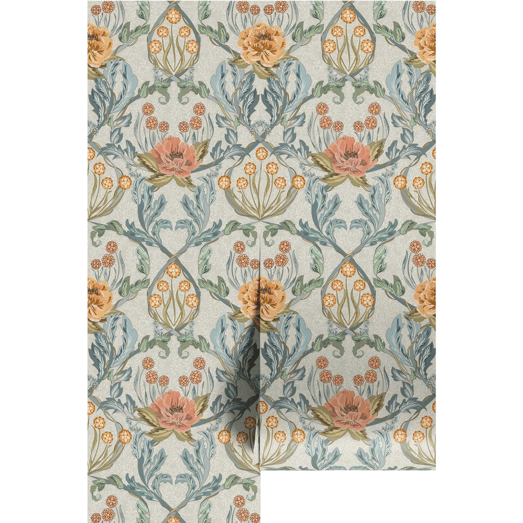 A floral wallpaper design featuring large peach and pink flowers, along with delicate green leaves and orange buds, arranged in a symmetrical pattern on a light background.