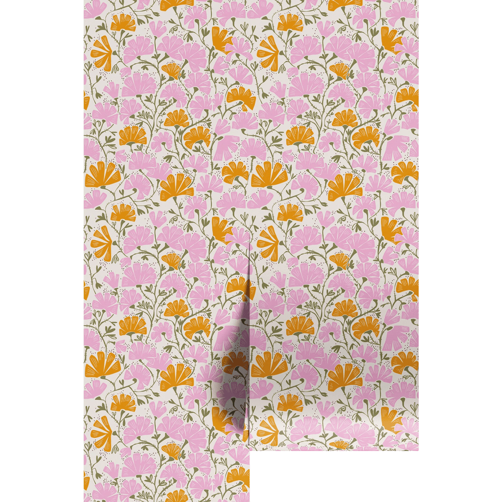 A vibrant floral pattern featuring pink and orange flowers against a light background, with green leaves intertwined.