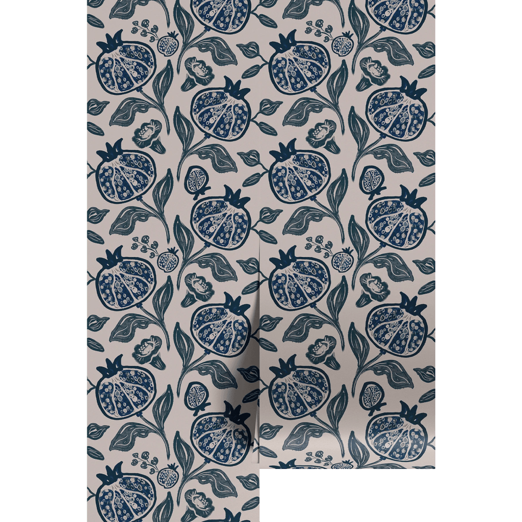 Floral wallpaper design featuring blue pomegranates and leaves on a light background.