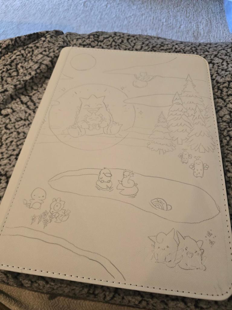 A sketch of a whimsical landscape featuring various cartoon characters, including a Snorlax in the center, surrounded by trees, a pond with a duck, and smaller characters like a Squirtle and a Togepi, all drawn in light outlines on a white surface.