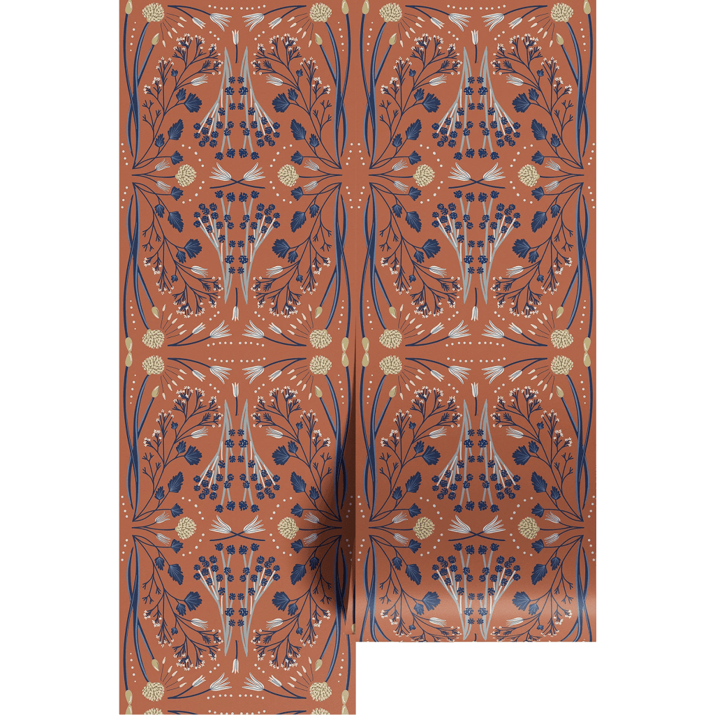 A symmetrical floral pattern featuring various plants and flowers in blue and gold on a terracotta background.