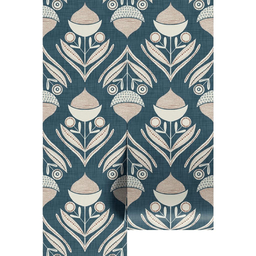 Patterned fabric featuring stylized floral and botanical motifs in cream and light brown on a dark teal background.