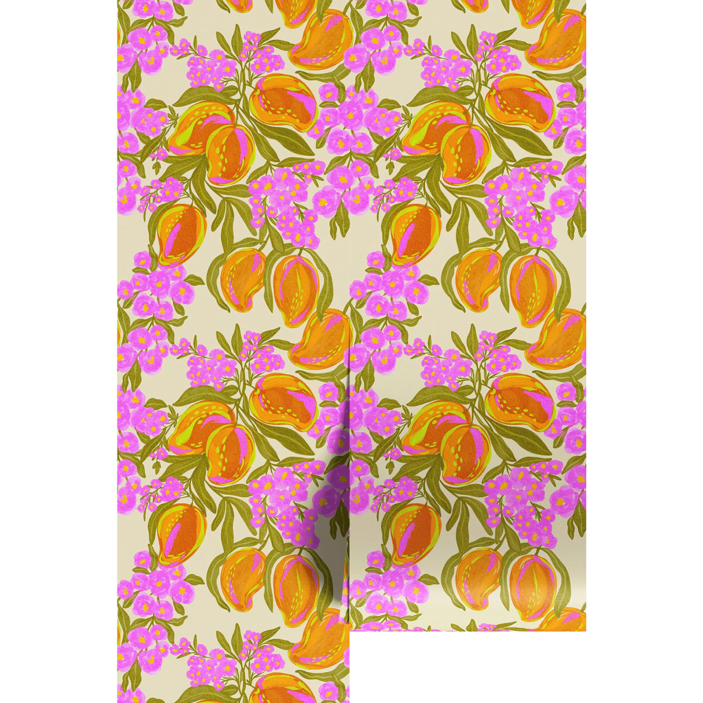 A vibrant floral pattern featuring orange peaches and pink flowers on a light background.