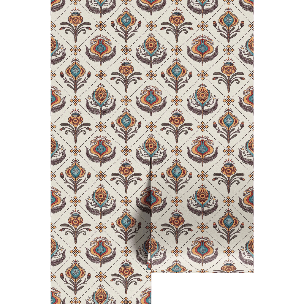 Ornate floral pattern with vibrant colors on a light background, featuring symmetrical designs of flowers and geometric shapes.