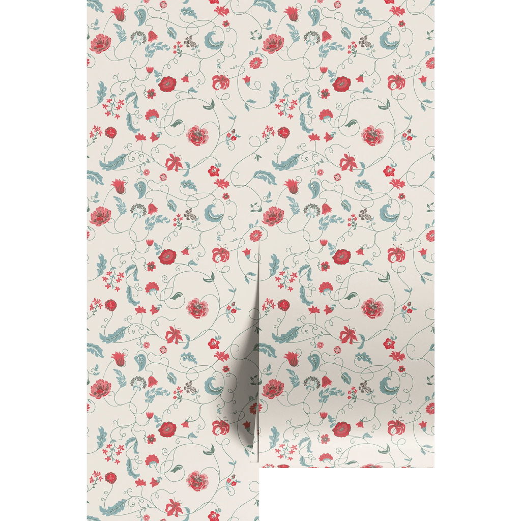 Floral wallpaper pattern featuring red and teal flowers intertwined with green vines on a cream background.