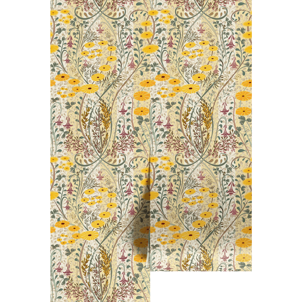 Floral pattern design featuring yellow flowers, green leaves, and intricate vines on a light background.